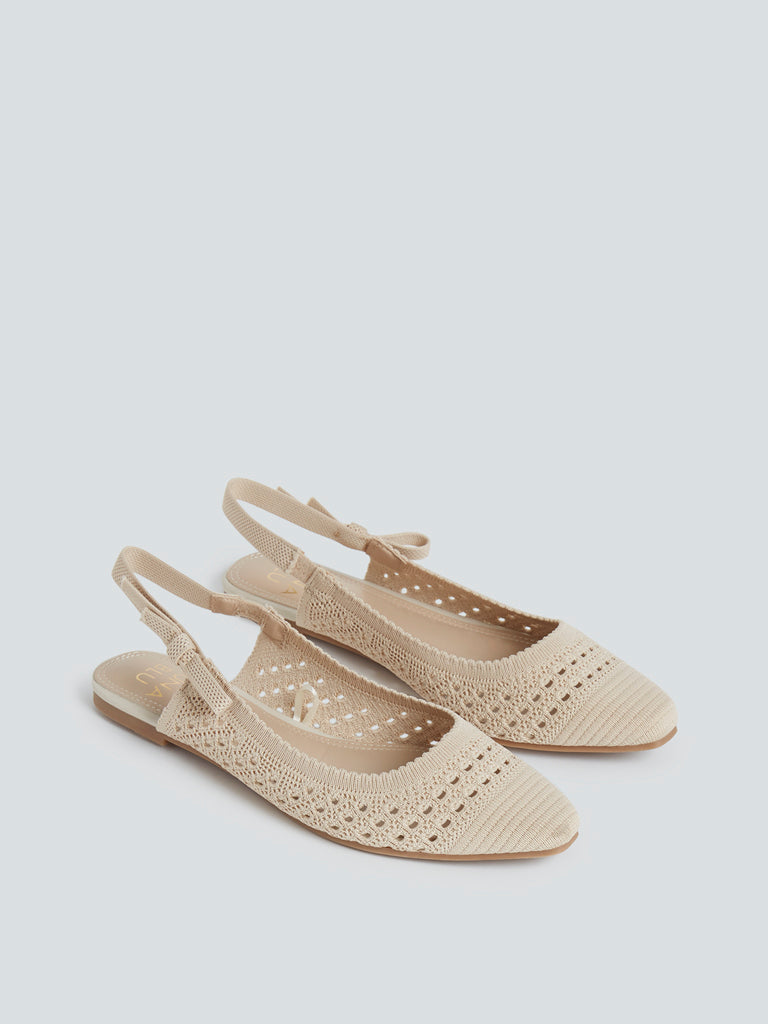 LUNA BLU Beige Knit-Detailed Slingback Flats